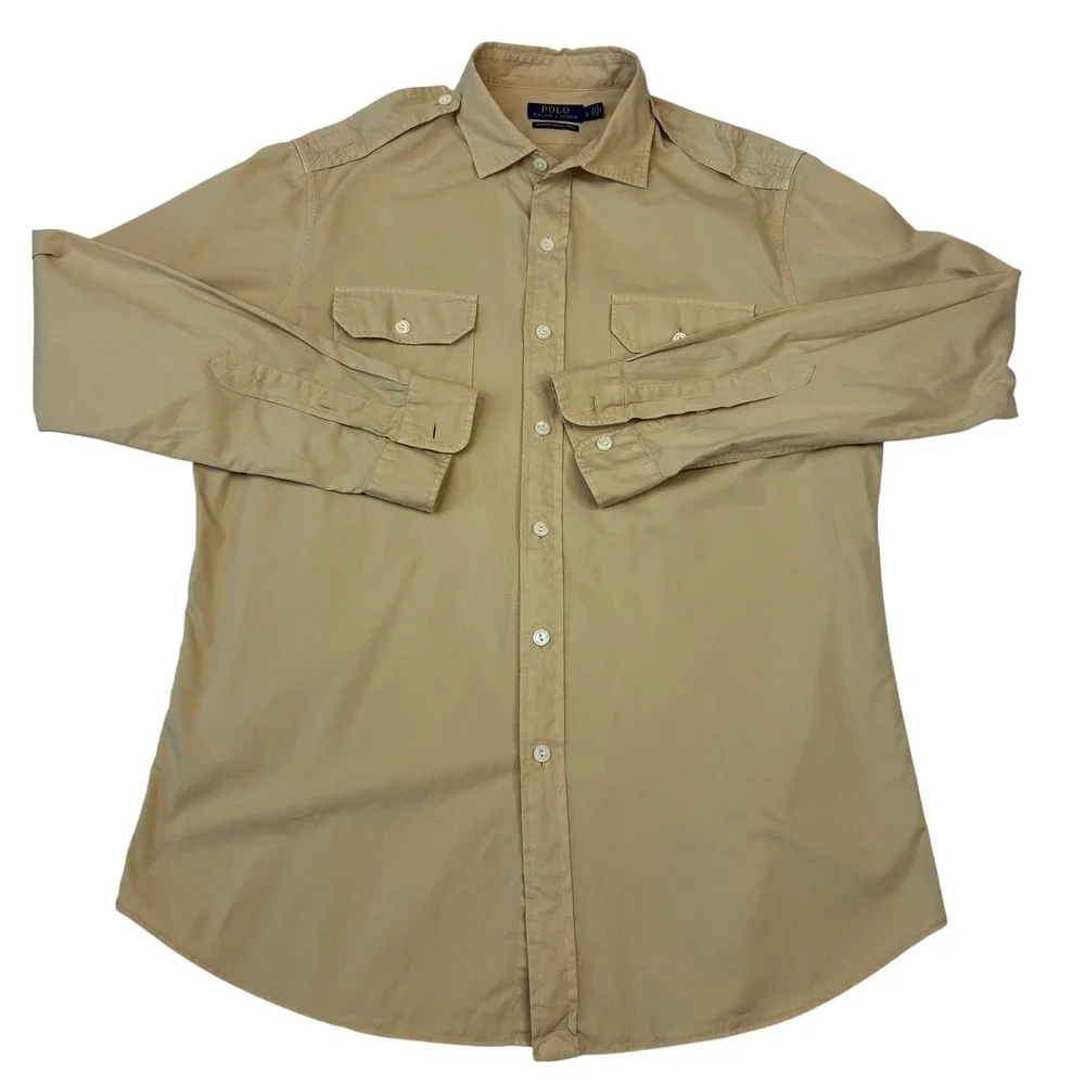 Polo Ralph Lauren Shirt Mens L Tan Khaki Featherweight Twill Epaulette Safari